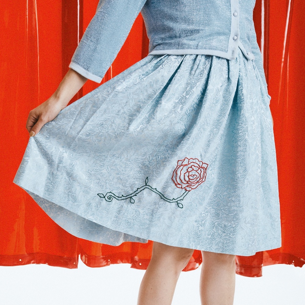 Hand Embroidered Red Rose Blue Satin Dress